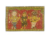 une peinture représentant trois divinités sur fond rouge