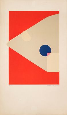 une image représentant un carré rouge et blanc avec un point bleu