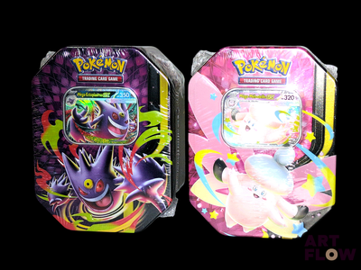 two tins of pokemon trading cards are shown side by side