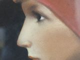 painting of a woman with a red hat and a red scarf