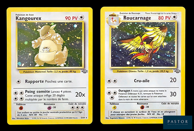 deux cartes Pokémon sur lesquelles figurent un chat et un oiseau