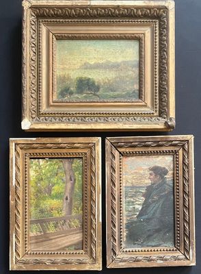 three framed paintings of a woman sitting on a bench by a river