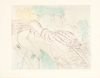 drawing of a man and a woman in a garden