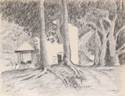 dessin au crayon représentant une maison dans un cadre boisé, avec des arbres et un banc