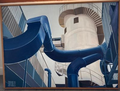 a picture of a painting of a blue slide