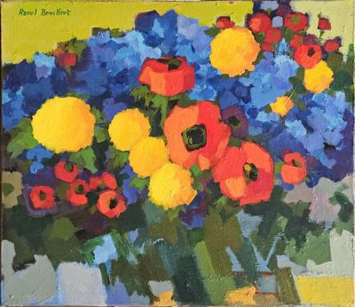 a painting of flowers in a vase on a table