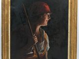 painting of a woman with a red hat holding a stick