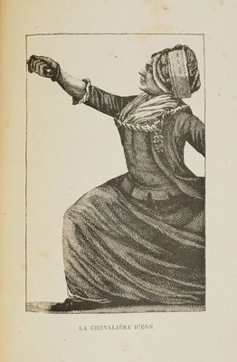 an old book with a drawing of a woman in a dress holding a knife