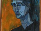 painting of a woman in a black shirt with a blue eye