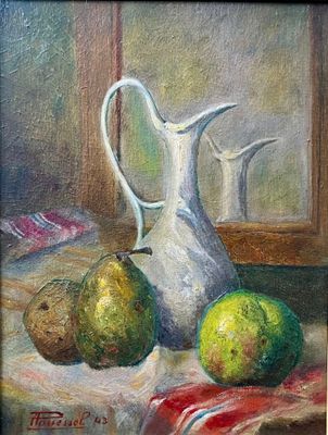 une peinture représentant une cruche et deux poires posées sur une table