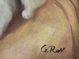 a painting of a cat that is sitting on top of a pillow