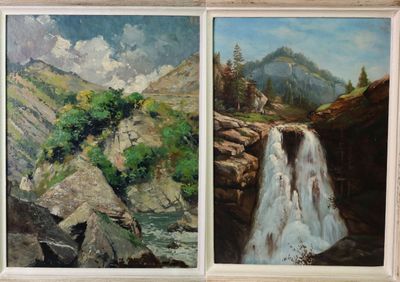 deux tableaux représentant une cascade et une montagne avec des arbres en arrière-plan