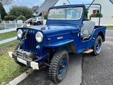 a blue jeep that is parked on the side of the road