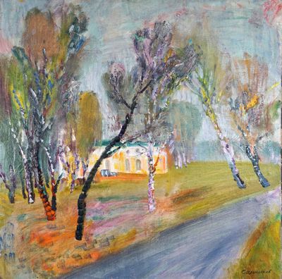 une peinture à l'huile représentant une route de campagne avec des arbres et des maisons en arrière-plan