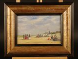 an oil painting of a beach scene with people on the sand