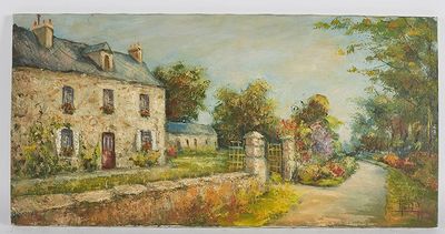 une peinture à l'huile représentant une maison de campagne avec un portail devant