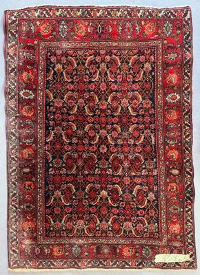 un tapis persan ancien aux couleurs rouges et bleues