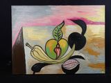 un tableau représentant une pomme et une banane posées sur une table