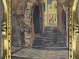 une peinture à l'huile représentant l'entrée d'un immeuble, avec un homme qui descend les escaliers