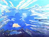 une peinture représentant une fleur bleue sur fond bleu