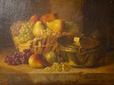 une peinture à l'huile représentant une corbeille de fruits et un bol de raisins