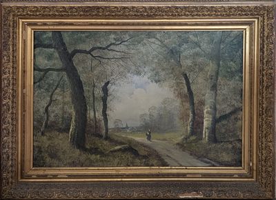 tableau représentant un homme marchant sur un sentier dans une zone boisée