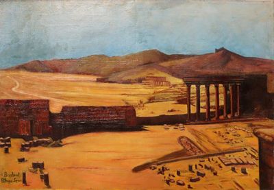 une peinture à l'huile représentant une scène de désert avec un train qui passe