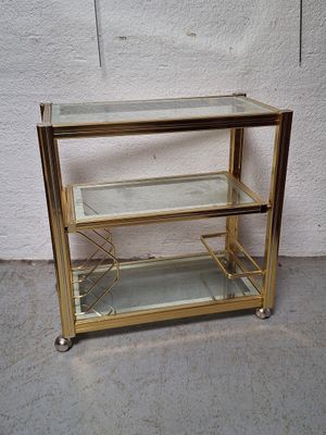chariot de bar en laiton et en verre, avec deux étagères, monté sur roulettes