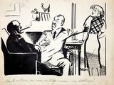 drawing of a man sitting at a table talking to a woman in a chair