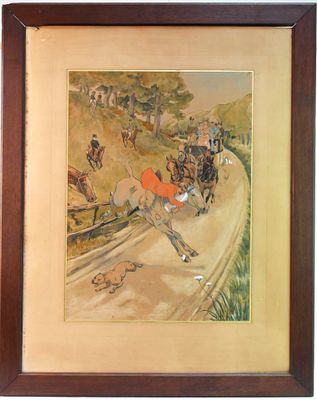 tableau représentant une course de calèches avec un homme à cheval