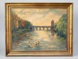 une peinture à l'huile représentant un pont au-dessus d'une rivière avec des canards dans l'eau