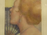 painting of a woman holding a fan in front of her face