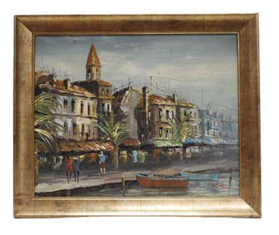 an oil painting of a city street scene with people walking on the sidewalk