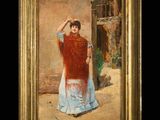 an oil painting of a woman in a red shawl and blue dress