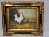 tableau représentant un coq et une poule dans un cadre doré