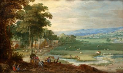 peinture représentant un paysage avec une rivière et un village au loin