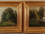 deux tableaux représentant des arbres et une rivière, dans un cadre doré