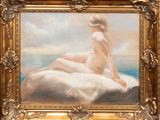 an oil painting of a woman sitting on a cloud in a gold frame