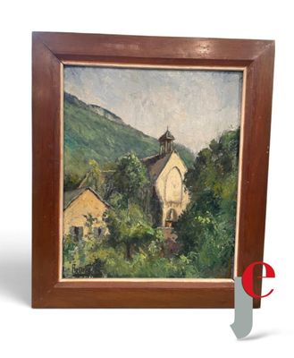 an oil painting of a church on a hill with trees in the foreground