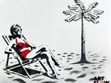 painting of a woman in a bikini sitting in a chair under a palm tree