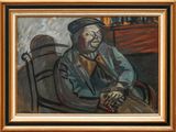 une peinture à l'huile représentant un homme assis sur une chaise, une canne à la main