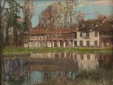 painting of a house by a lake with a reflection in the water