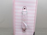 a pink and white suitcase with a handle on it