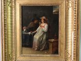 une image représentant un tableau d'une femme en robe blanche, dans un cadre doré