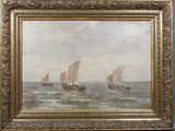 an oil painting of three boats in the ocean with a sky background