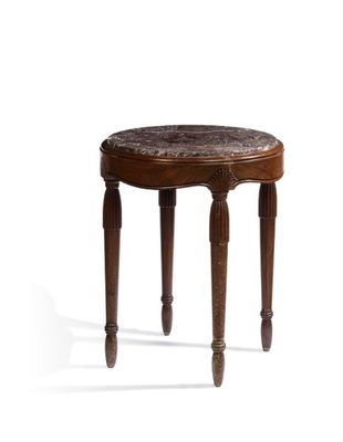 a small wooden table with a marble top on a white background