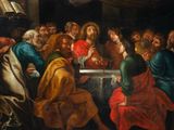 painting of a group of people sitting around a table in a room