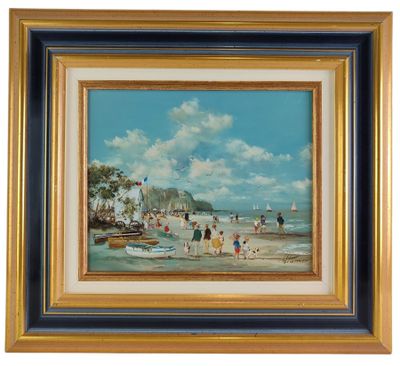 tableau représentant une scène de plage avec des bateaux et des personnes sur l'eau