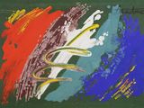une image représentant un tableau avec des coups de pinceau multicolores sur un fond vert