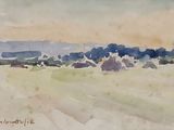 a watercolor painting of a field with cows in it